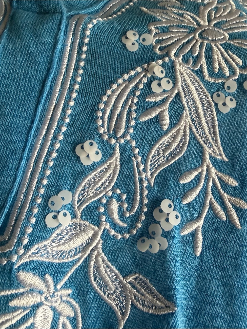 Chico’s Tee Blue M Linen Floral Embroidered 3/4 Sleeve Tunic - Picture 4 of 7